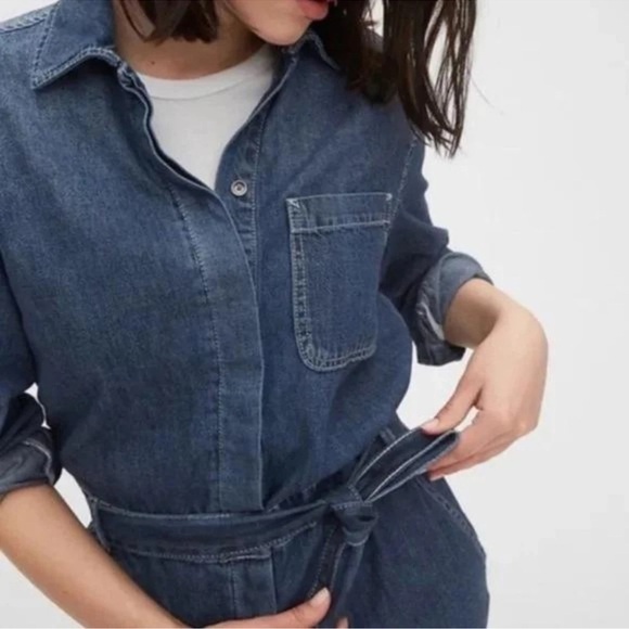 Gap Utility Blue Denim Carwash Romper Jumpsuit 16Tall Wide Leg Tie Belt NEW! - Picture 2 of 7